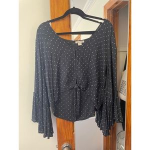 Billabong navy and white polka dot bell sleeve tie blouse / top - Medium